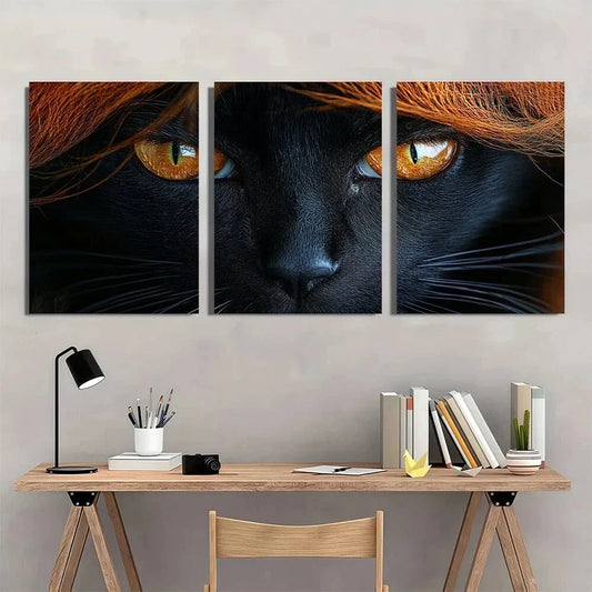 3pcs Charming Black Cat Stunning Gold Eyes Metal Print Ready to Hang Art