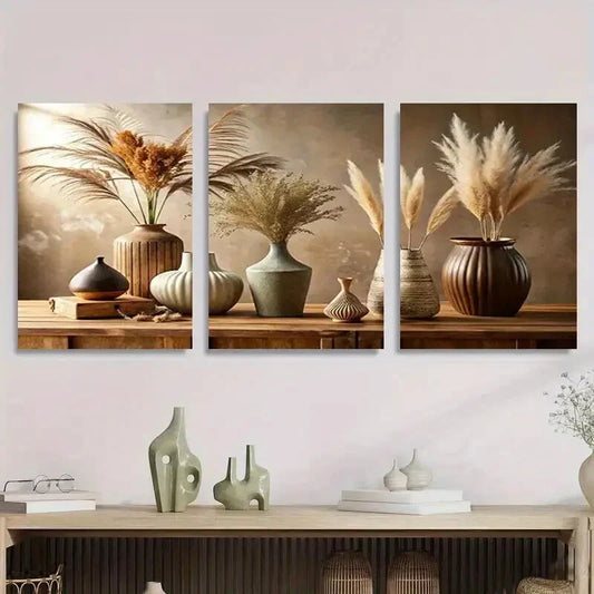 3pcs Vintage Vase and Pampas Grass Metal Print Ready to Hang Art