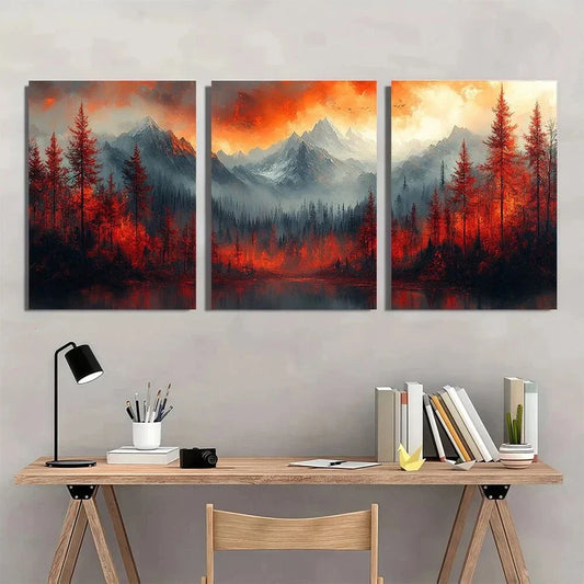 3pcs Vibrant Red & Black Scenic Trees and Serene Metal Print Ready to Hang Art