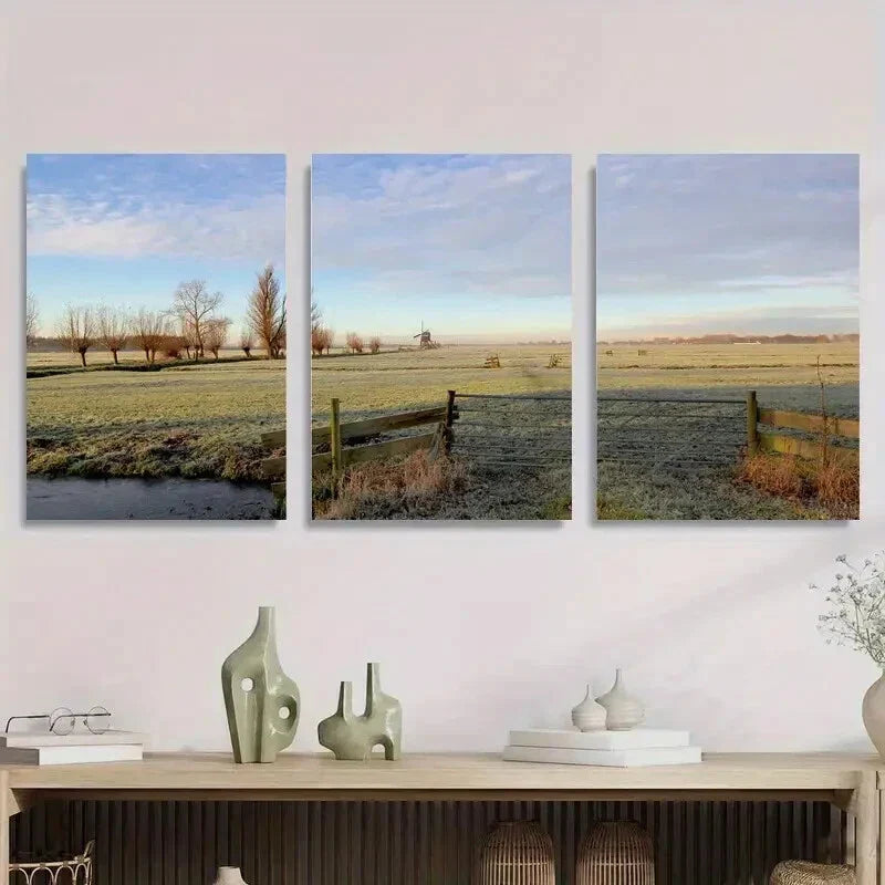 3pcs Tranquil Rural Field with Windmill, Nature Metal Print Ready to Hang Art