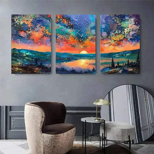 3pcs Vibrant Sunset Mountain River Starry Sky Metal Print Ready to Hang Art