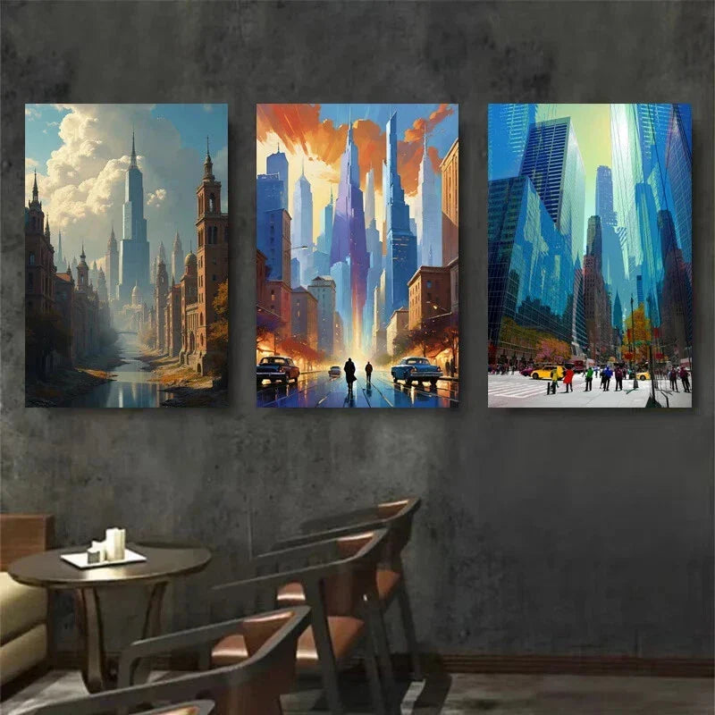 3pcs Abstract Urban Night Street Scenes Metal Print Ready to Hang Art