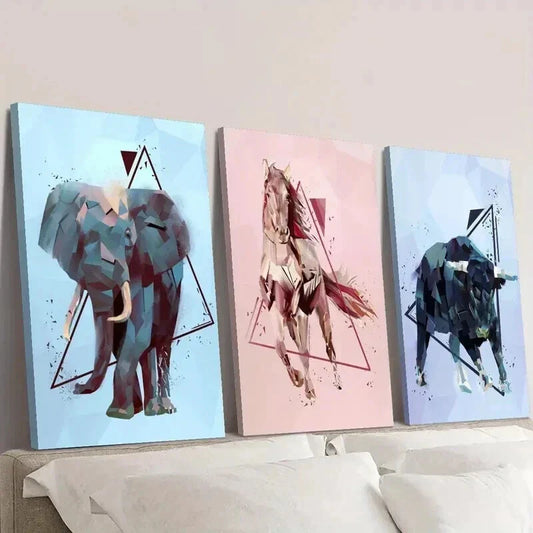 3pcs Elephant Horse Bull in Geometric Style Wall Art Set Canvas Framed 40x60cm - High Quality Print 100% Australian Made Wall Canvas Ready to Hang