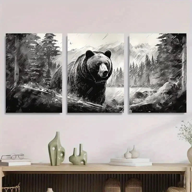 3pcs Black and White Bear Landscape Forest Metal Print Ready to Hang Art