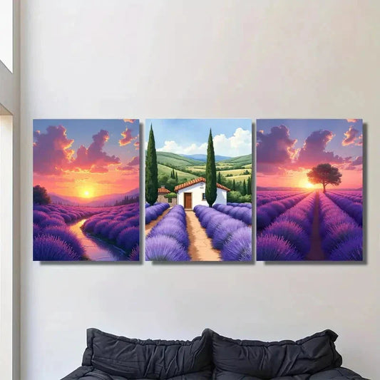 3pcs Beautiful Lavender Field Sunset Metal Print Ready to Hang Art