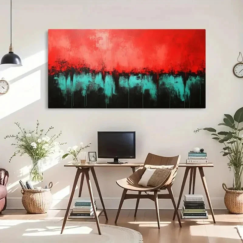 Vibrant Red & Teal Textured Wall Art Canvas Office Home Room Framed 120x60cm