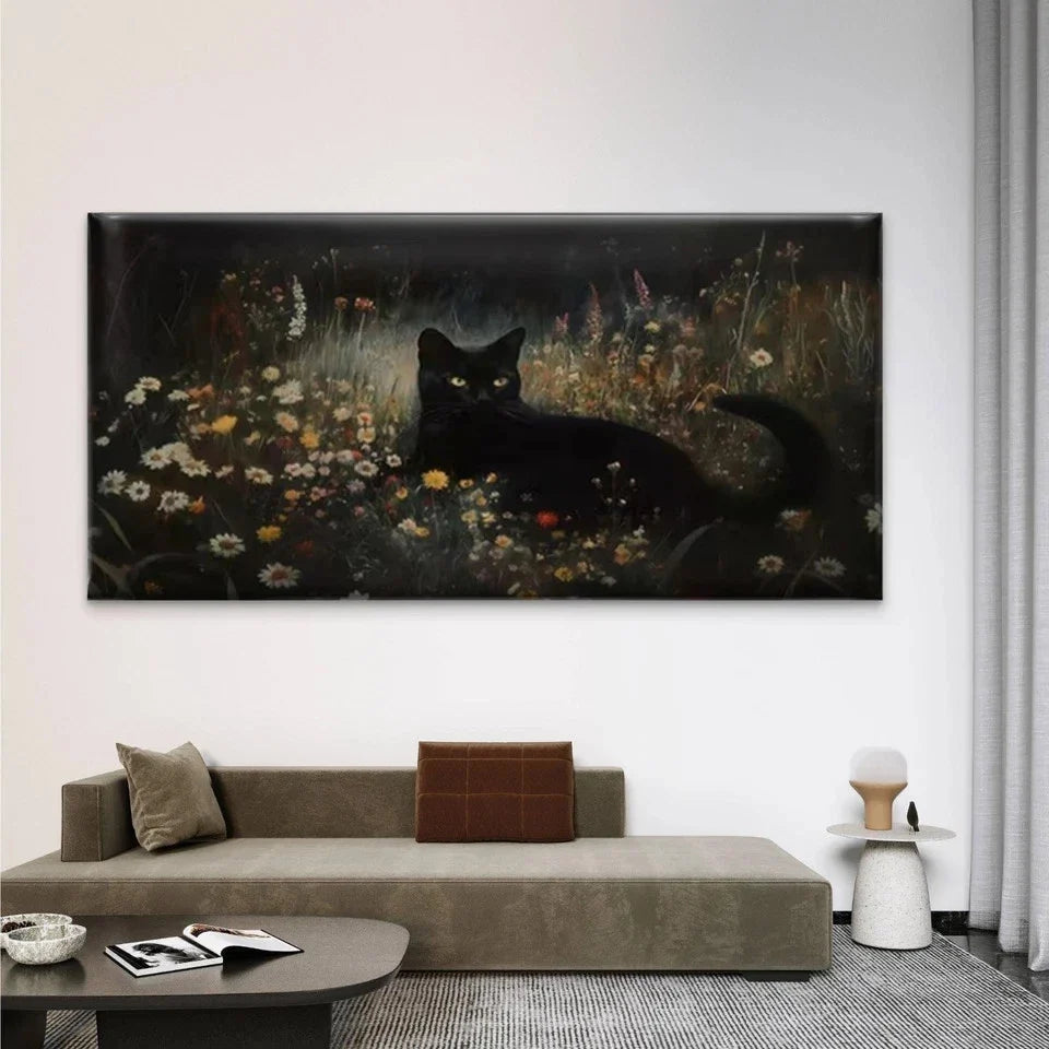 Black Cat in Dark Flower Field Wall Art Canvas Office Home Room Framed 80x45cm