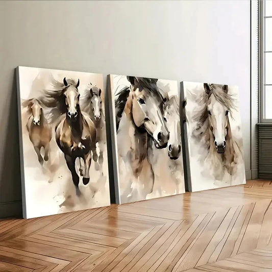3pcs Horse Pair Abstract Elegant Charcoal Wall Art Set Canvas Framed 40x60cm - High Quality Print 100% Australian Made Wall Canvas Ready to Hang