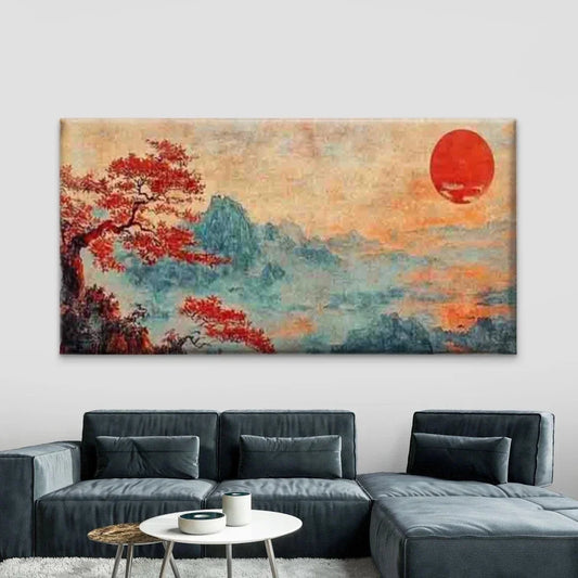 Asian Landscape with Sunset Wall Art Canvas Office Home Room Framed 80x45cm