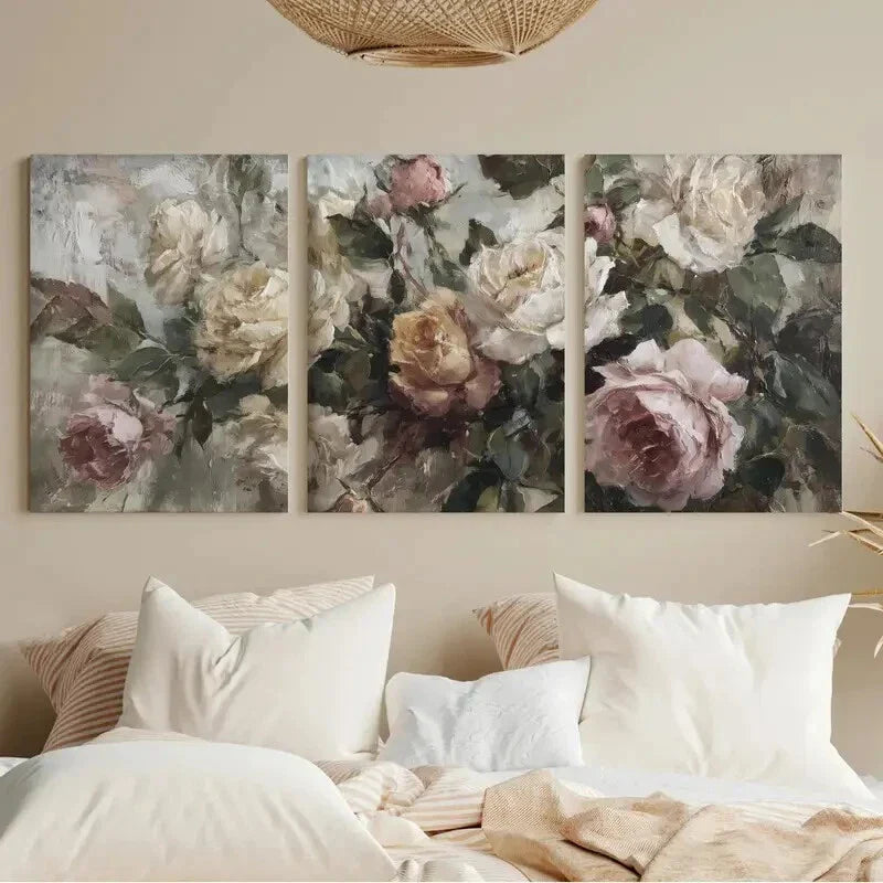 3pcs Antique Rose Vintage Floral Metal Print Ready to Hang Art