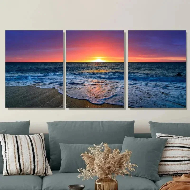 3pcs Sunset Beach Triptych Vibrant Sunset Hues Metal Print Ready to Hang Art