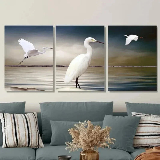 3pcs White Egret Triptych Paintings Wall Art Set Canvas Framed 40x60cm - High Quality Print 100% Australian Made Wall Canvas Ready to Hang