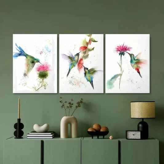 3pcs Vibrant Tropical Birds, Green and Pink Metal Print Ready to Hang Art