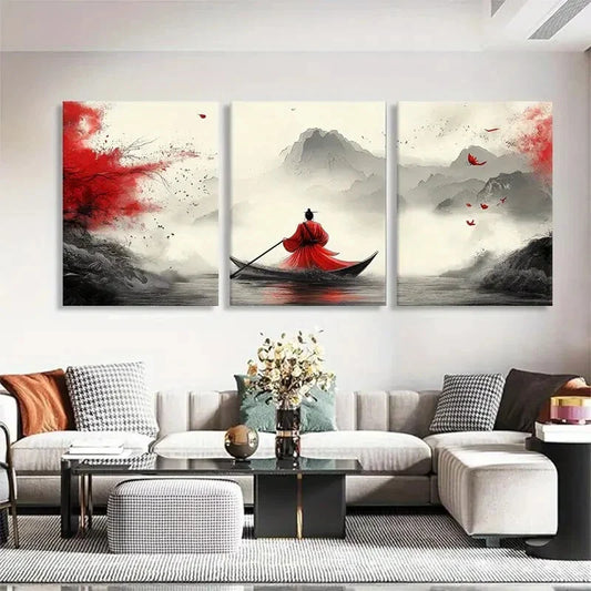 3pcs Traditional Boat Zen Red Perfect Wall Art Set Canvas Framed 40x60cm - High Quality Print 100% Australian Made Wall Canvas Ready to Hang