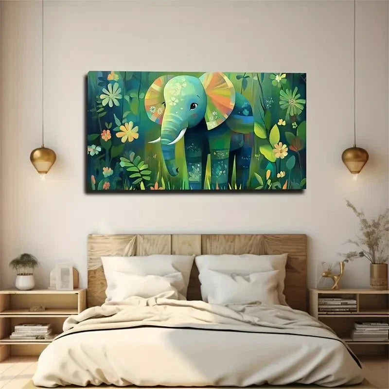 Elephant Vibrant Cartoon-Style Wall Art Canvas Office Home Room Framed 120x60cm