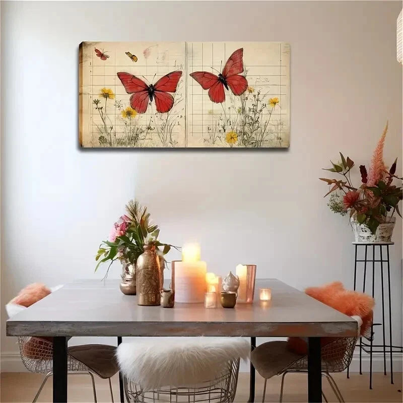 Two Vibrant Red Butterflies Wall Art Canvas Office Home Room Framed 120x60cm