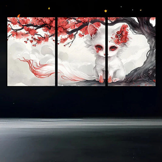 3pcs Fox with Red Blossoms Stunning Red Eyes Metal Print Ready to Hang Art