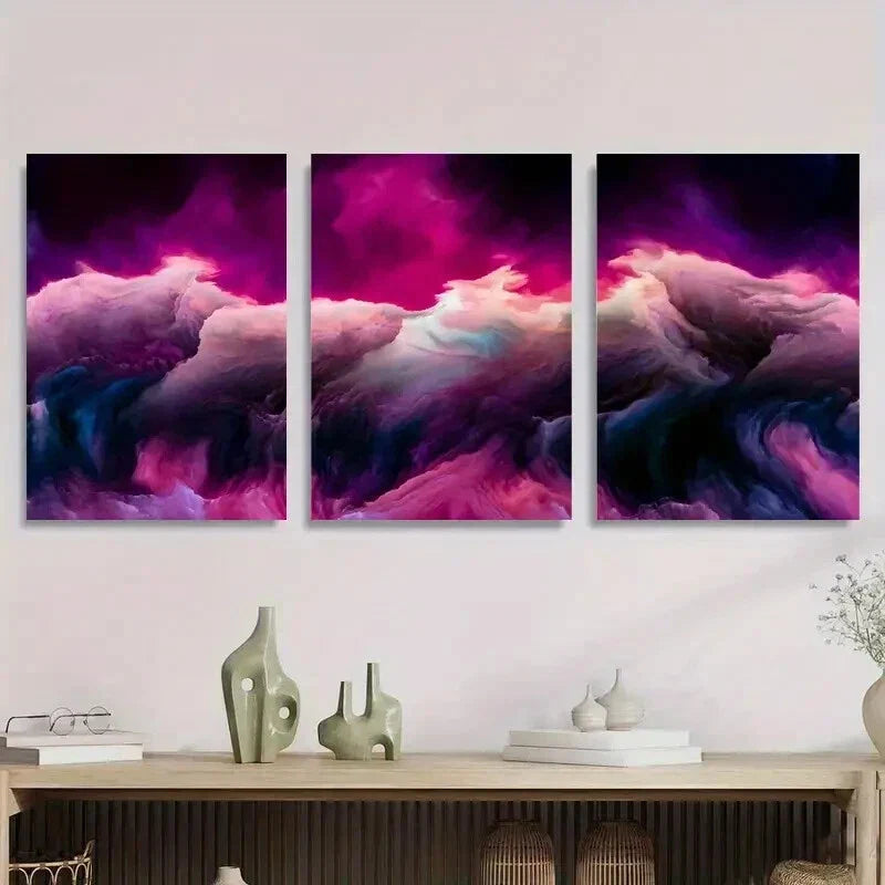 3pcs Vibrant Purple & Pink Swirls Modern Metal Print Ready to Hang Art