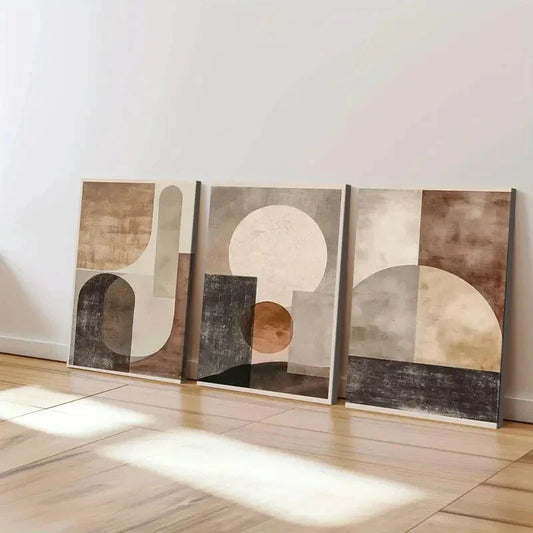 3pcs Abstract Beige Brown Geometric Shapes Brown Wall Art Set Canvas Framed 40x60cm - High Quality Print 100% Australian Made Wall Canvas Ready to Hang