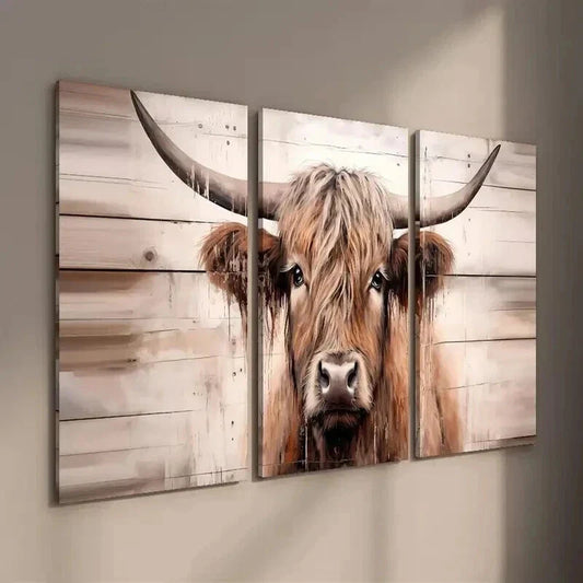 3pcs Highland Cow Modern Farmhouse Decor Wall Art Set Canvas Framed 40x60cm - High Quality Print 100% Australian Made Wall Canvas Ready to Hang