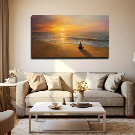 Sunset Beach Meditation Scene Wall Art Canvas Office Home Room Framed 80x45cm