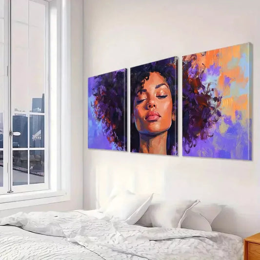 3pcs Vibrant Purple Hair & Expressive Face Wall Art Set Canvas Framed 40x60cm - High Quality Print 100% Australian Made Wall Canvas Ready to Hang