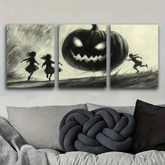 3pcs Giant Pumpkins and Kids Art Deco Metal Print Ready to Hang Art
