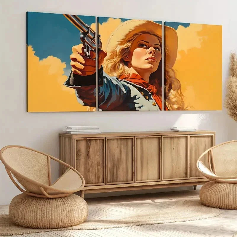3pcs Vintage Wild West Cowgirl Blue Sky Golden Wall Art Set Canvas Framed 40x60cm - High Quality Print 100% Australian Made Wall Canvas Ready to Hang