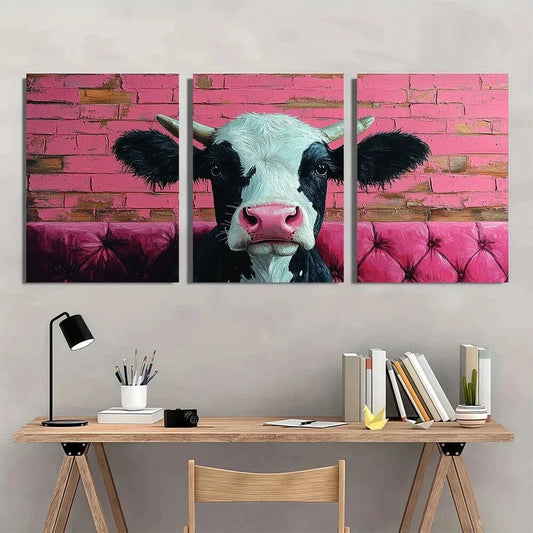3pcs Whimsical Black & White Cow Pink Velvet Metal Print Ready to Hang Art