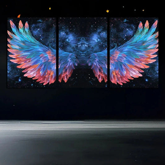 3pcs Abstract Wings Golden Blue Metal Print Ready to Hang Art