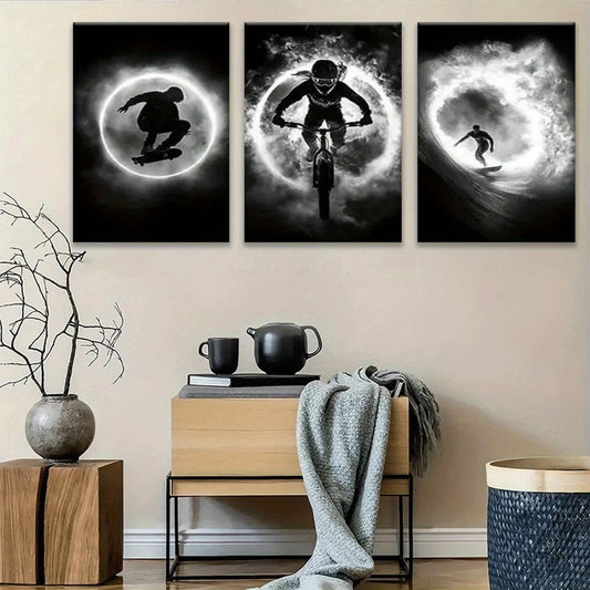 3pcs Dynamic Skateboard & Bicycle Riding Black Metal Print Ready to Hang Art