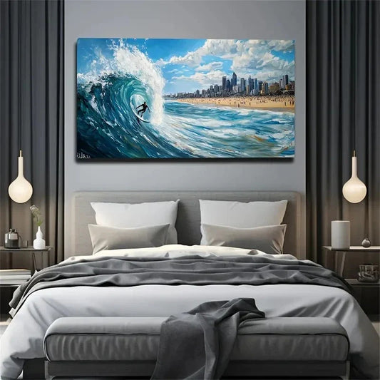 Vibrant Surfing Wave & Beach Wall Art Canvas Office Home Room Framed 80x45cm