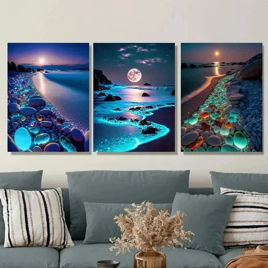 3pcs Beach Moonlight Sunset and Starry Sky Wall Art Set Canvas Framed 40x60cm - High Quality Print 100% Australian Made Wall Canvas Ready to Hang