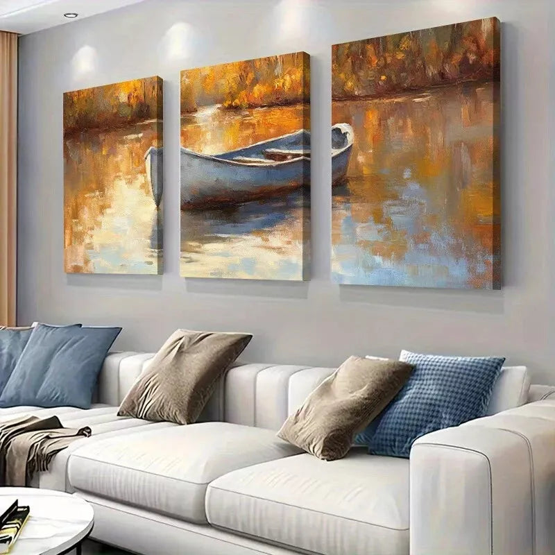 3pcs Modern Serene Lake Rustic Autumn Boat Wall Art Set Canvas Framed 40x60cm - High Quality Print 100% Australian Made Wall Canvas Ready to Hang