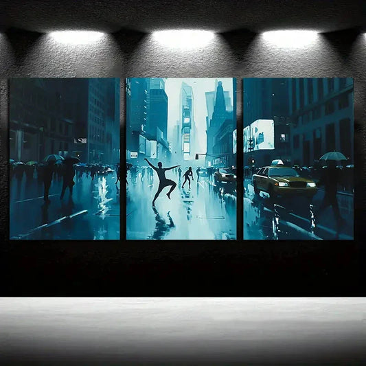 3pcs Urban Dance Rainy Cityscape Metal Print Ready to Hang Art