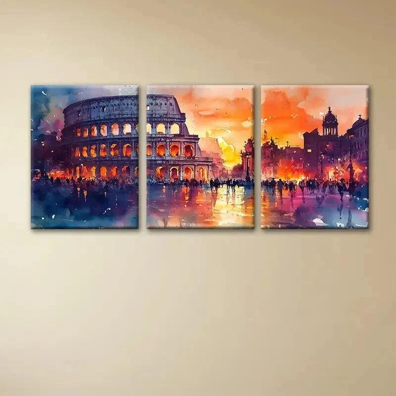3pcs Vibrant Watercolor Colosseum Sunset Scene Wall Art Set Canvas Framed 40x60cm - High Quality Print 100% Australian Made Wall Canvas Ready to Hang