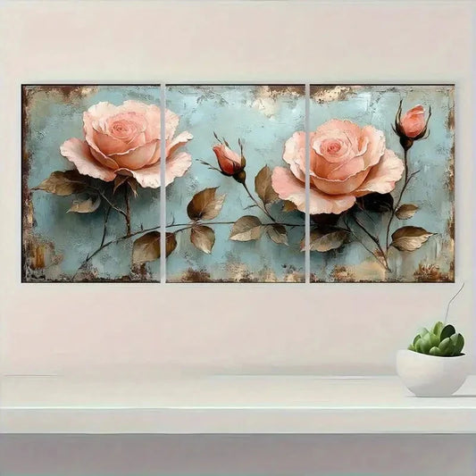 3pcs Pale Pink & Cream Floral Painting Metal Print Ready to Hang Art