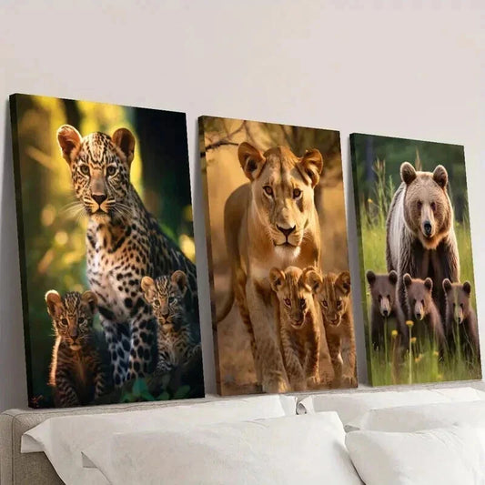 3pcs Leopard Lioness & Cubs Grizzly Bear Family Wall Art Set Canvas Framed 40x60cm - High Quality Print 100% Australian Made Wall Canvas Ready to Hang