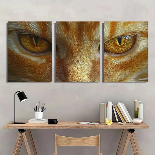 3pcs Funny Animal Cat Sign Gold Eyes Metal Print Ready to Hang Art