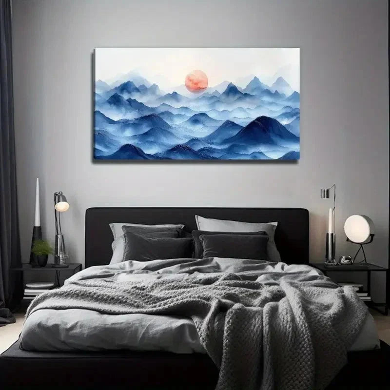 Blue Mountain Sunrise Bohemian Wall Art Canvas Office Home Room Framed 80x45cm