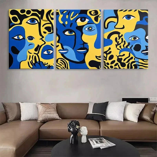 3pcs Abstract Expressionist Faces Blue Perfect Wall Art Set Canvas Framed 40x60cm - High Quality Print 100% Australian Made Wall Canvas Ready to Hang
