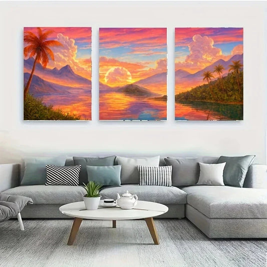 3pcs A Vibrant Sunset Over a Calm Lake Metal Print Ready to Hang Art