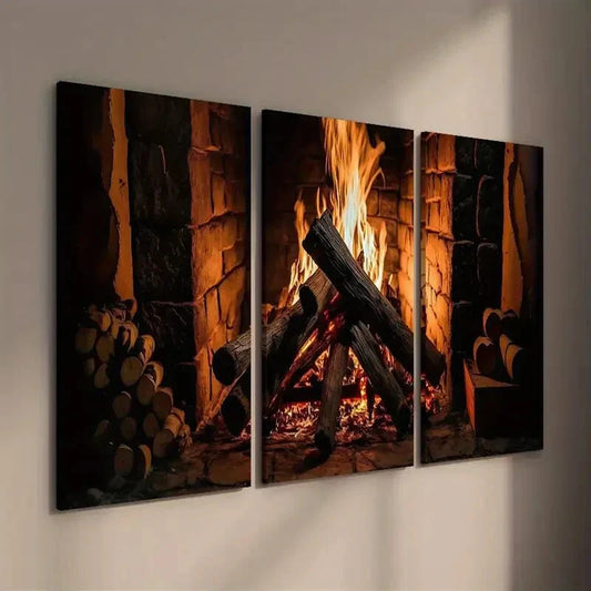 3pcs Wood Burning in Country Cottage Fireplace Wall Art Set Canvas Framed 40x60cm - High Quality Print 100% Australian Made Wall Canvas Ready to Hang