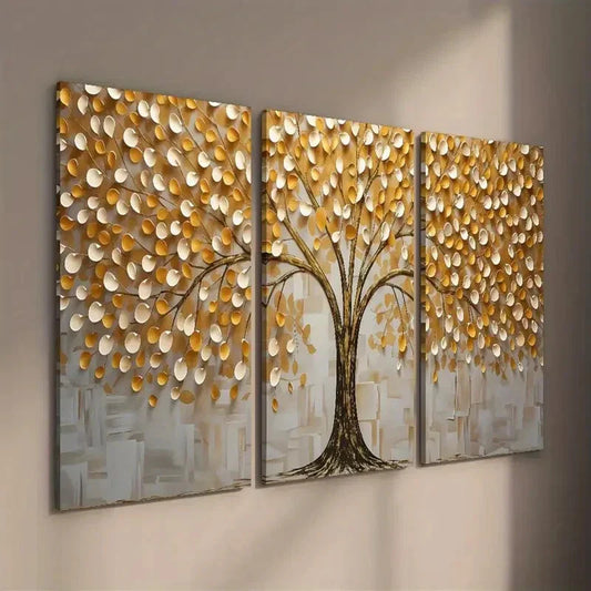 3pcs Golden Black and White Tree Texture Wall Art Set Canvas Framed 40x60cm - High Quality Print 100% Australian Made Wall Canvas Ready to Hang