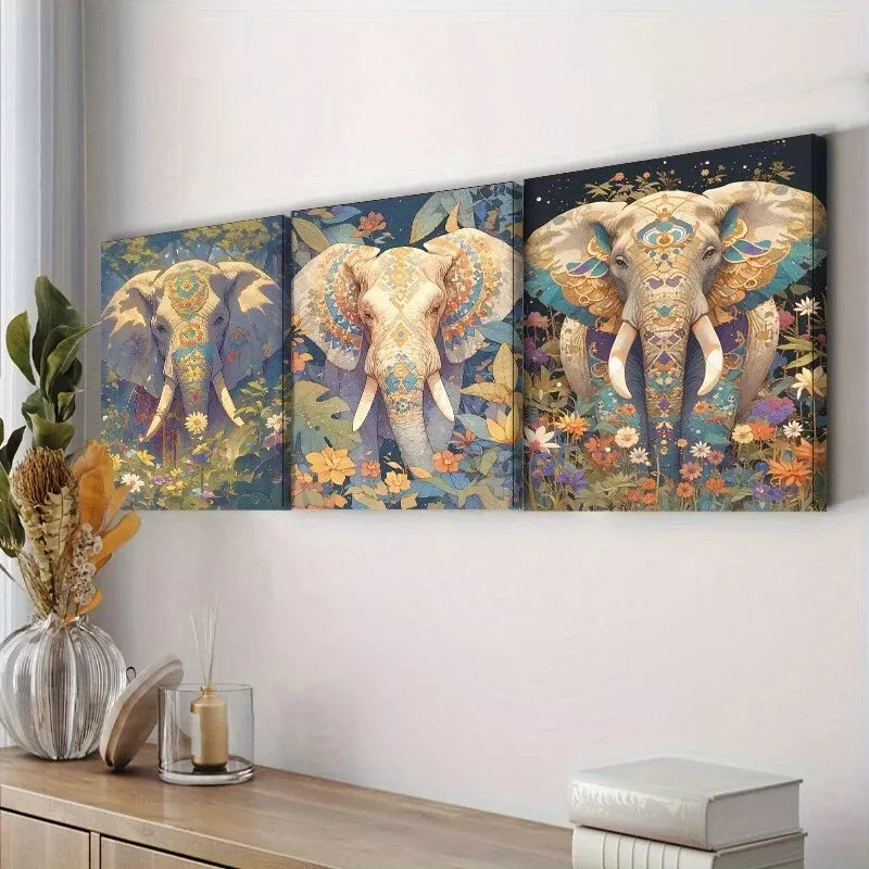 3pcss Featuring An Elephant With Floral Designs Wall Art Set Canvas Framed 40x60cm - High Quality Print 100% Australian Made Wall Canvas Ready to Hang