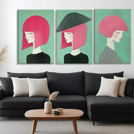 3pcs Pink-Haired Women Abstract Perfect Wall Art Set Canvas Framed 40x60cm - High Quality Print 100% Australian Made Wall Canvas Ready to Hang