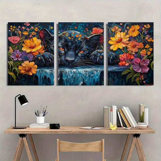 3pcs Black Panther Cub with Waterfall Metal Print Ready to Hang Art