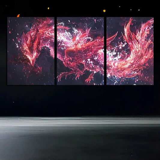 3pcs Red & Pink Phoenix-Inspired Metal Print Ready to Hang Art