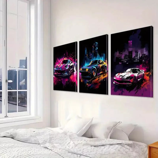 3pcs Neon Decorative Graffiti Style Sports cars Wall Art Set Canvas Framed 40x60cm - High Quality Print 100% Australian Made Wall Canvas Ready to Hang