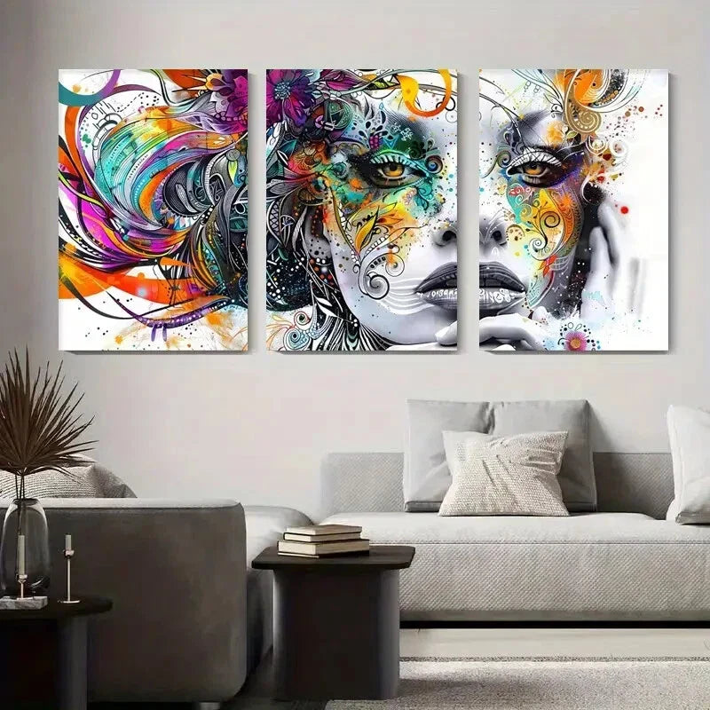 3pcs Abstract Woman Face Colorful Swirls Metal Print Ready to Hang Art